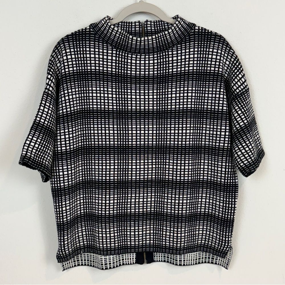 French Connection Black White Plaid Boxy Zip Up Back Sweater S
